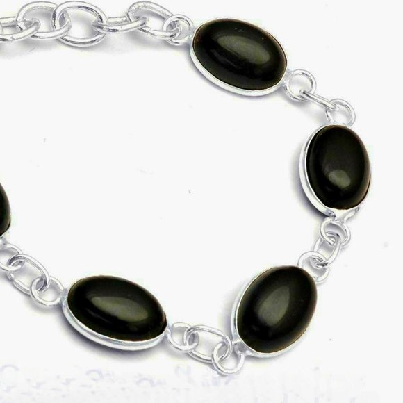 Bracelet Black Cabochons Silver Plate 6.5" - 8.25" Boho Perfect Cond 17383 - Picture 3 of 3